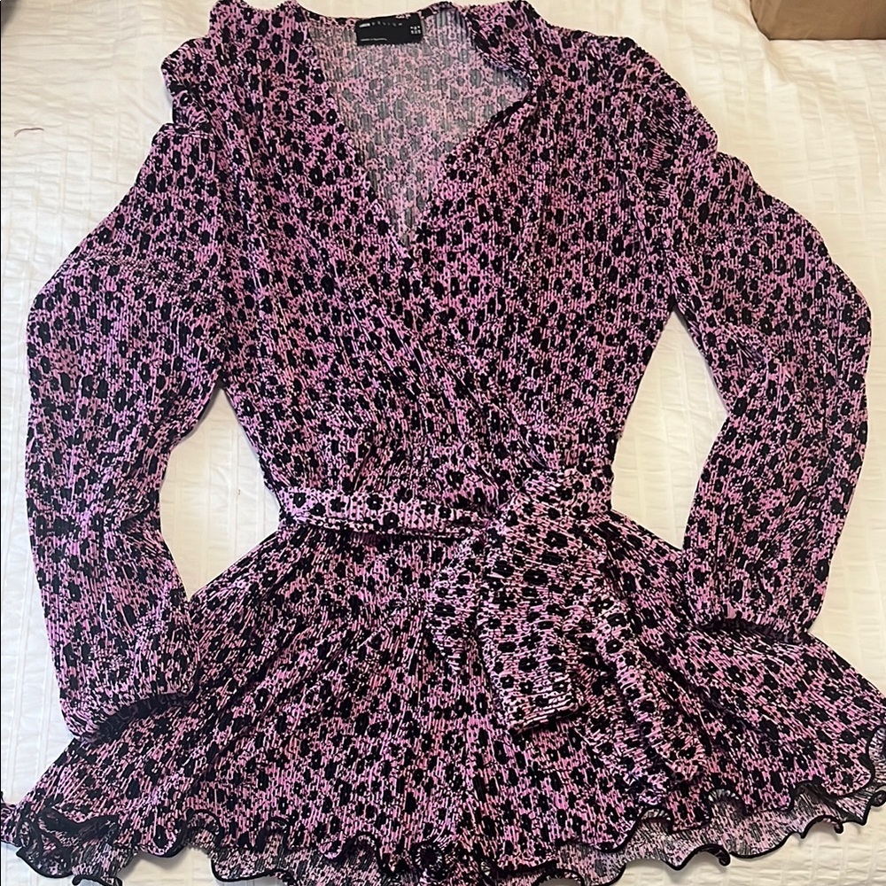 ASOS Pink and Black Plisse Wrap Romper